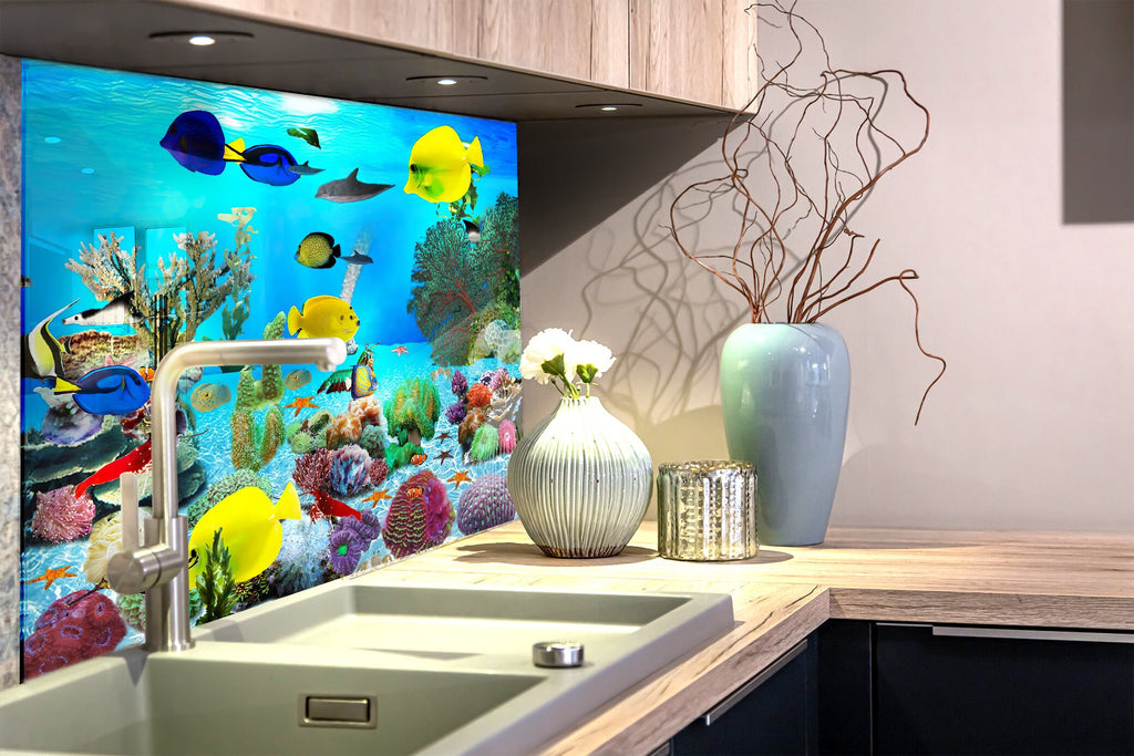 Vibrant Ocean Glass Kitchen Backsplash – Fish & Coral Reef Design-BacksplashArtworks