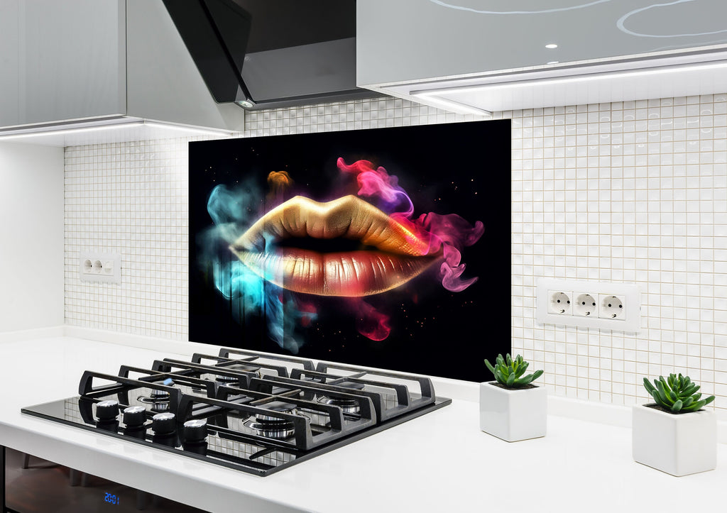 Golden Smoke Lips - Glass Kitchen Backsplash-BacksplashArtworks