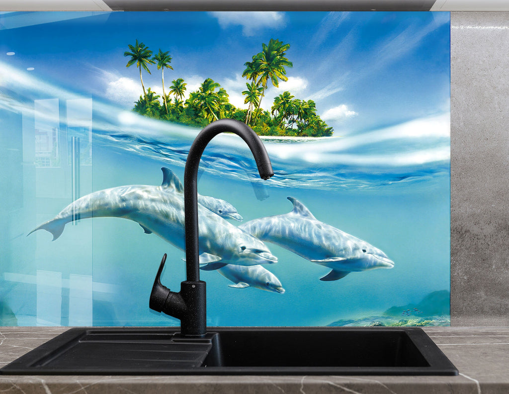 Tropical Dolphin Paradise – Glass Kitchen Backsplash-BacksplashArtworks