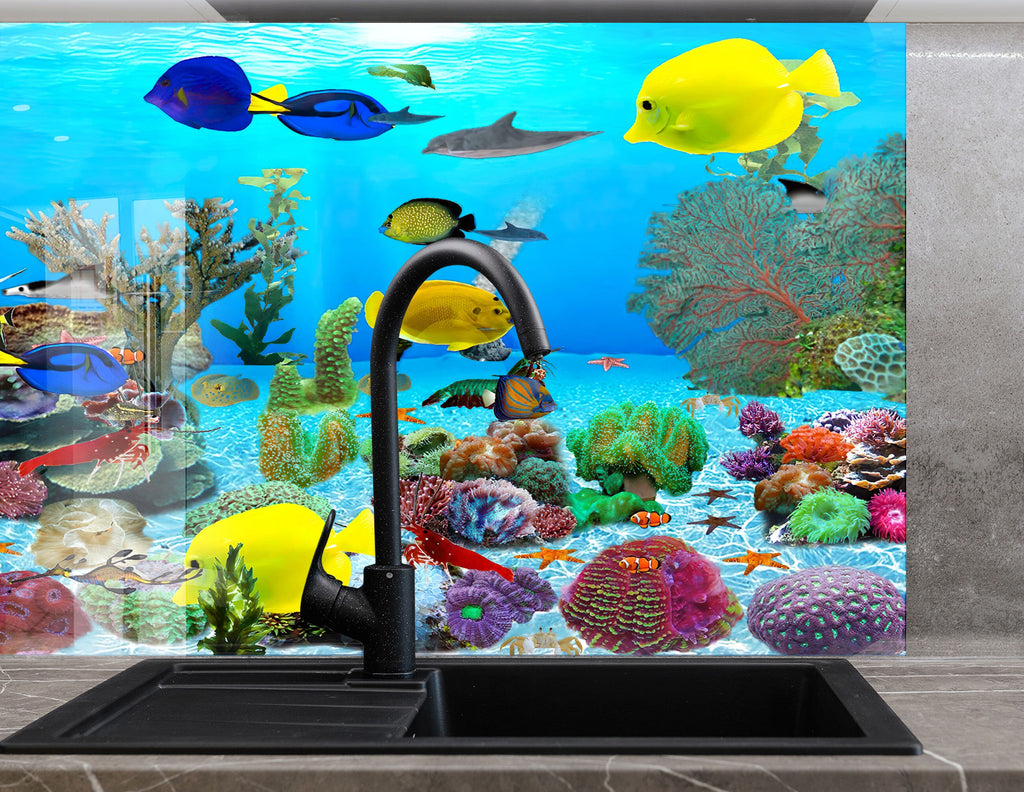 Vibrant Ocean Glass Kitchen Backsplash – Fish & Coral Reef Design-BacksplashArtworks