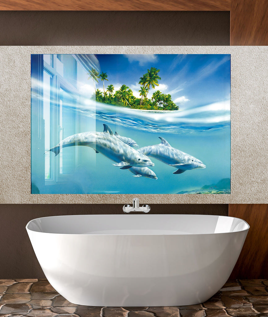Tropical Dolphin Paradise – Glass Kitchen Backsplash-BacksplashArtworks