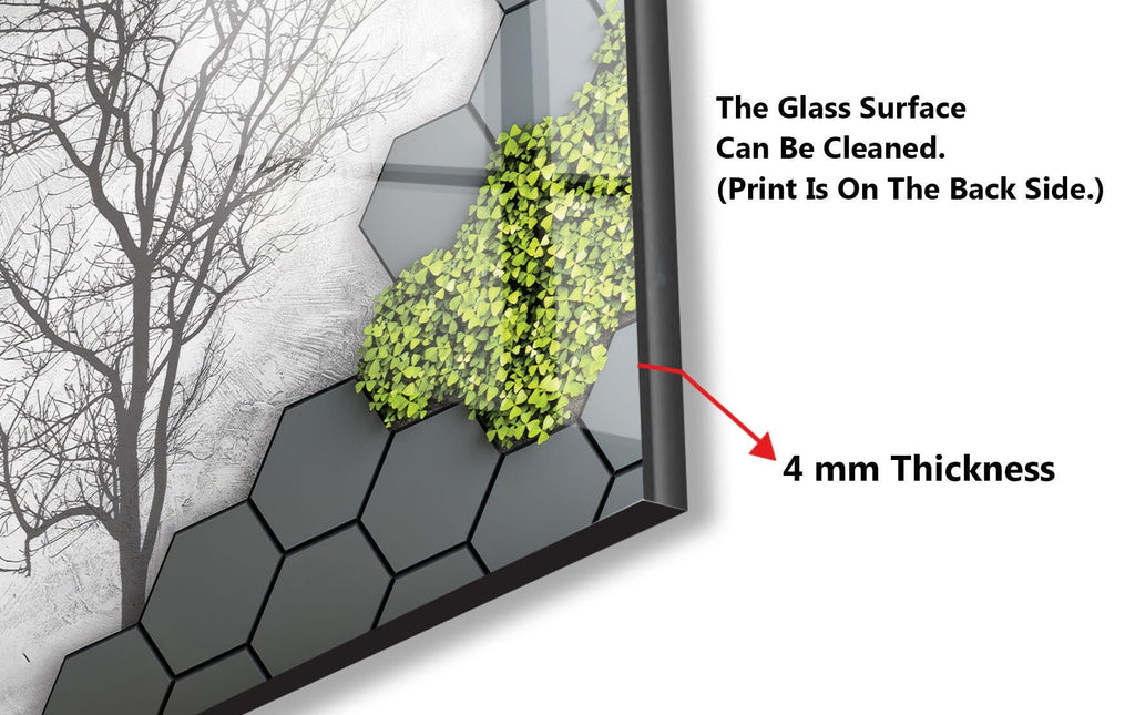 Hexagonal Greenery & Tree Art - Glass Kitchen Backsplash-BacksplashArtworks