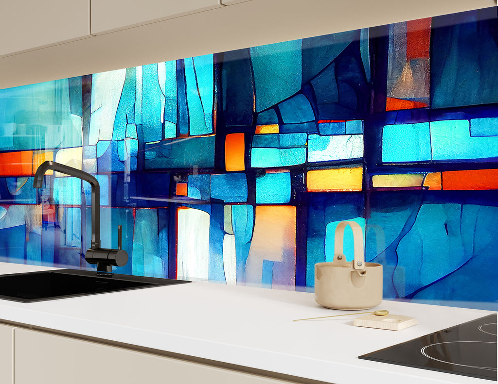 Modern Abstract Blue Stained - Glass Kitchen Backsplash-BacksplashArtworks