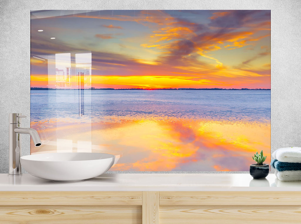 Golden Sunset Reflection Wall Art - Tempered Glass Kitchen Backsplash-BacksplashArtworks