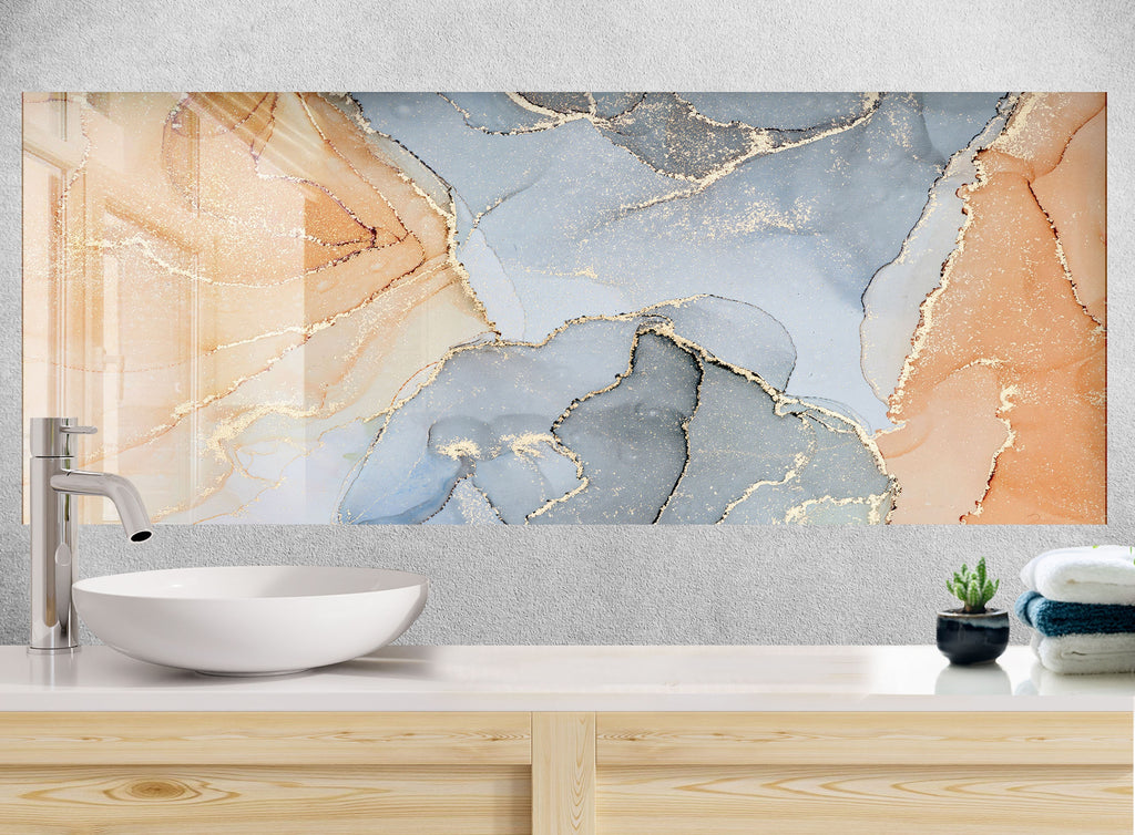 Gray & Golden Waves - Glass Kitchen Backsplash-BacksplashArtworks