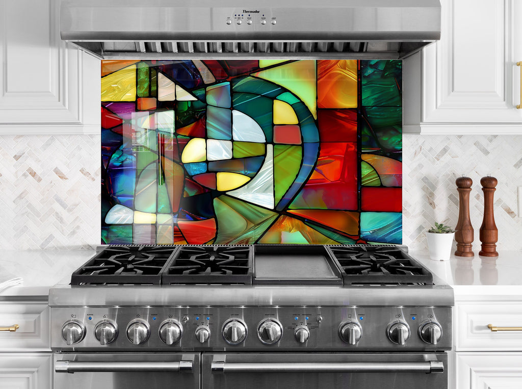 Geometric & Colorful Design - Glass Kitchen Backsplash-BacksplashArtworks