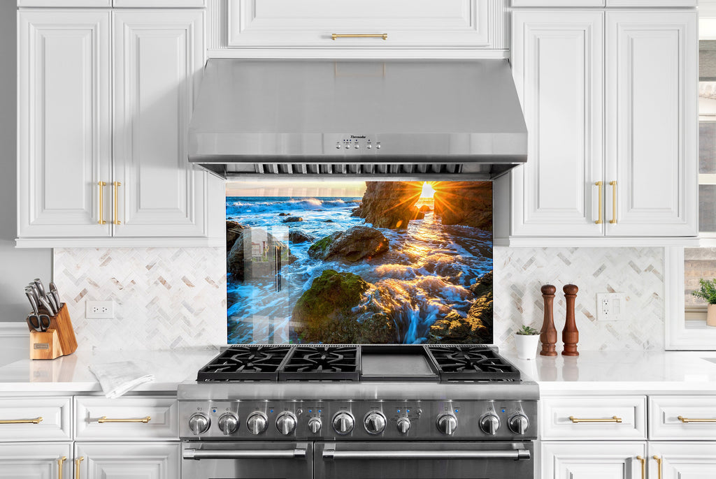 Golden Sunset Waves - Glass Bathroom Backsplash-BacksplashArtworks