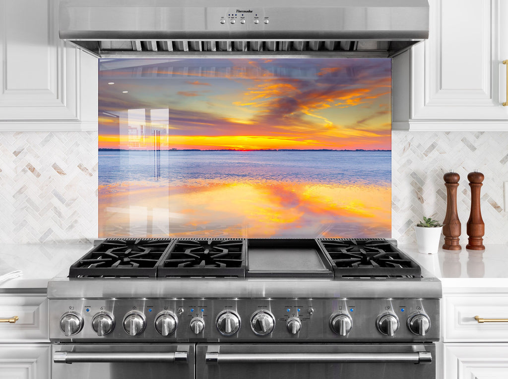 Golden Sunset Reflection Wall Art - Tempered Glass Kitchen Backsplash-BacksplashArtworks