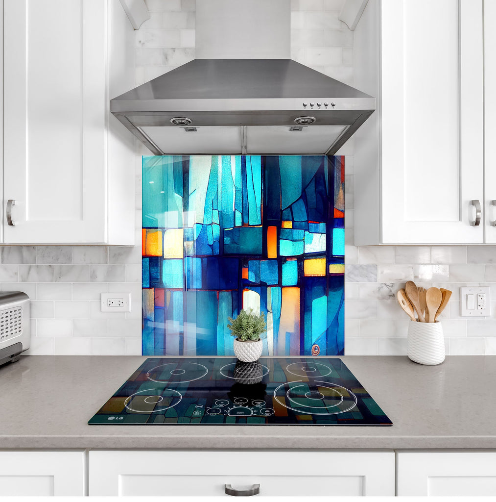 Modern Abstract Blue Stained - Glass Kitchen Backsplash-BacksplashArtworks