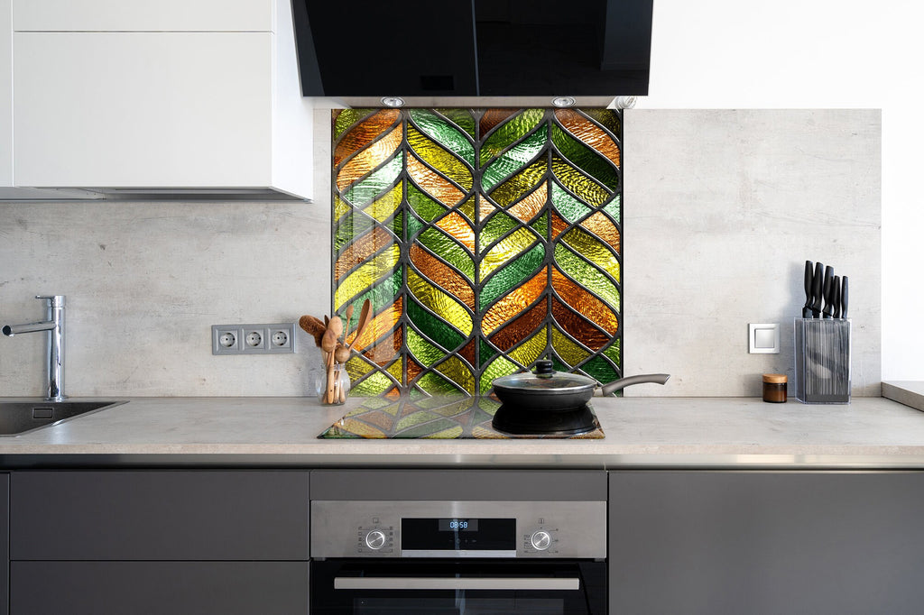 Golden Leafs Stained - Glass Kitchen Backsplash-BacksplashArtworks
