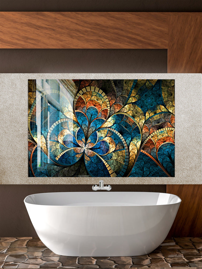 Golden & Blue Stained Glass Floral Design - Glass Kitchen Backsplash-BacksplashArtworks