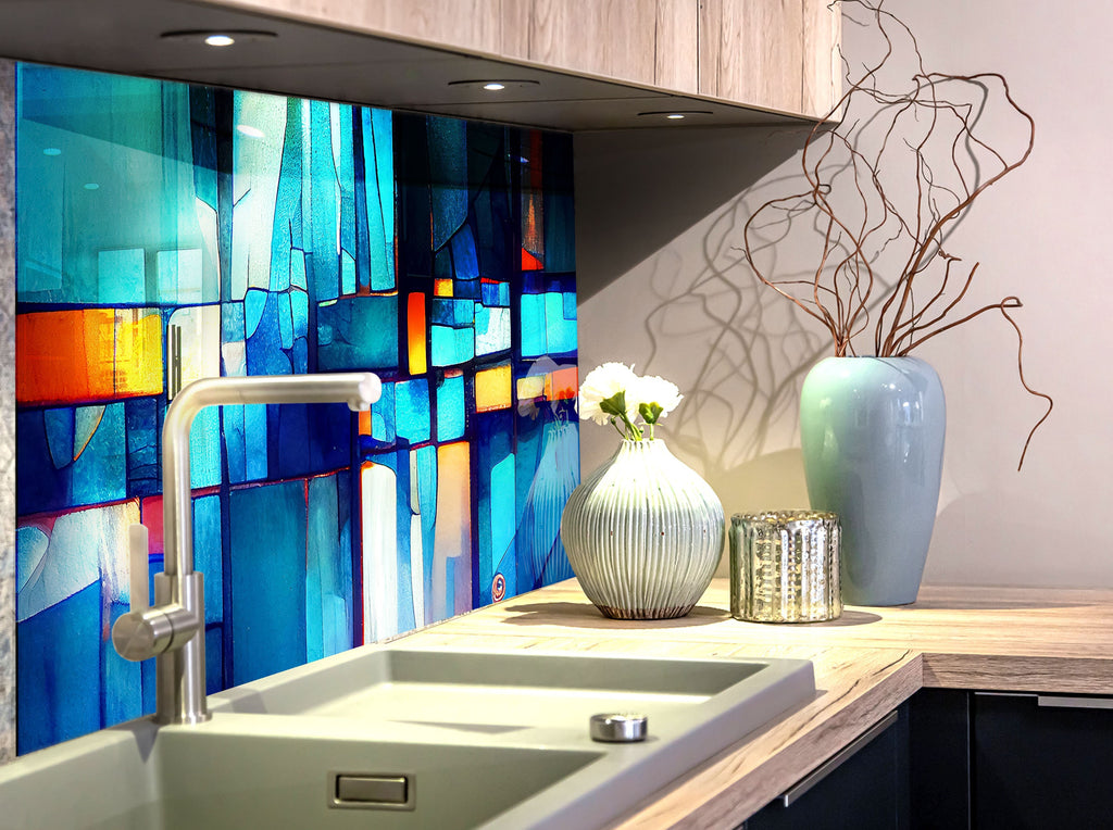Modern Abstract Blue Stained - Glass Kitchen Backsplash-BacksplashArtworks