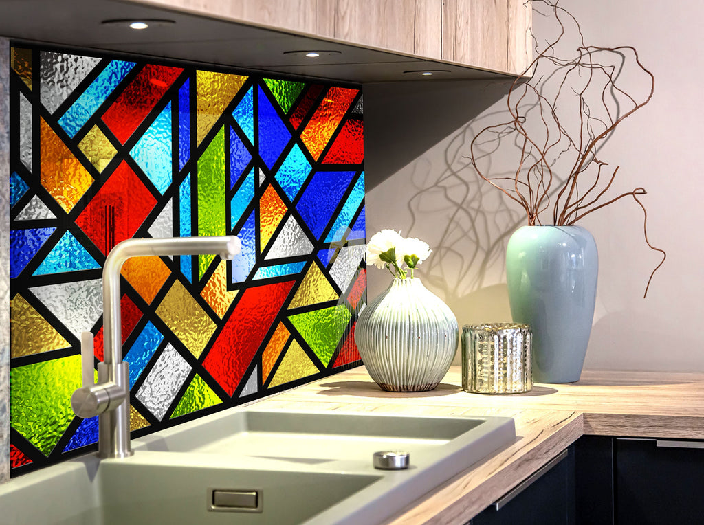 Colorful Modern Geometric Stained - Glass Kitchen Backsplash-BacksplashArtworks