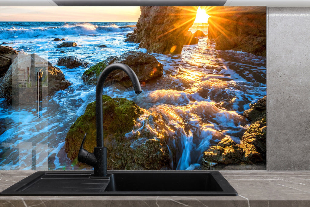 Golden Sunset Waves - Glass Bathroom Backsplash-BacksplashArtworks