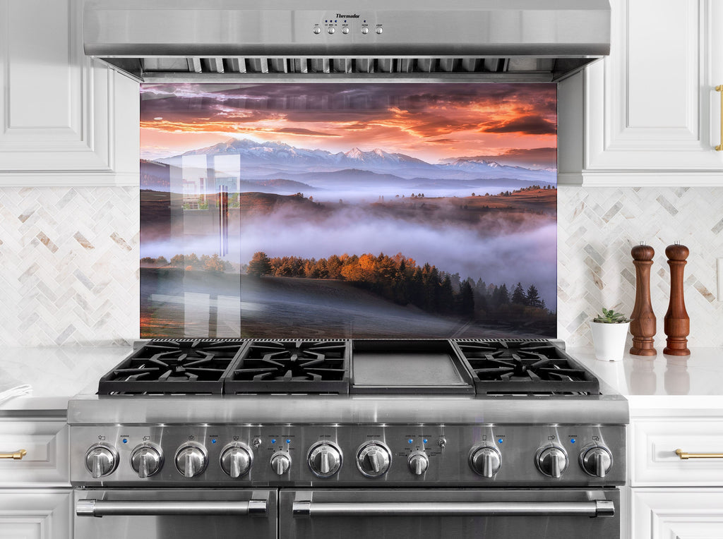 Mountain Mist Sunrise Wall Art - Tempered Glass Kitchen Backsplash-BacksplashArtworks
