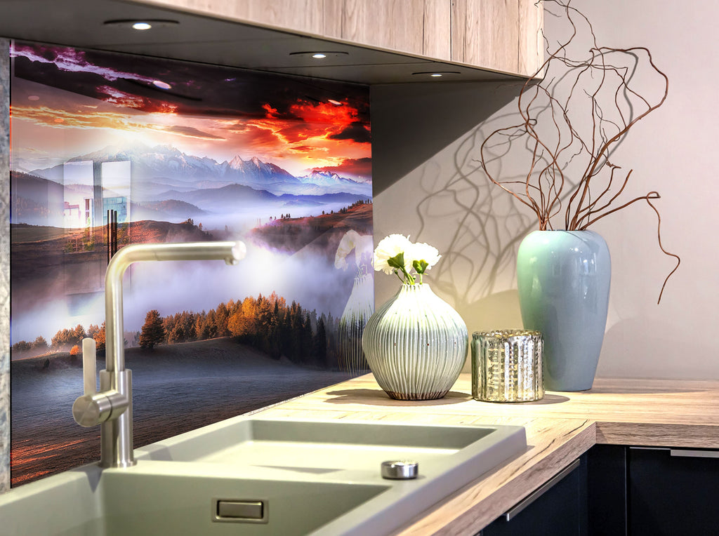 Mountain Mist Sunrise Wall Art - Tempered Glass Kitchen Backsplash-BacksplashArtworks