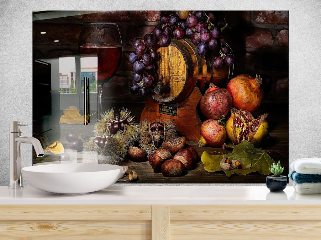 Rustic Vineyard Glass Kitchen Backsplash – Grapes & Pomegranates-BacksplashArtworks
