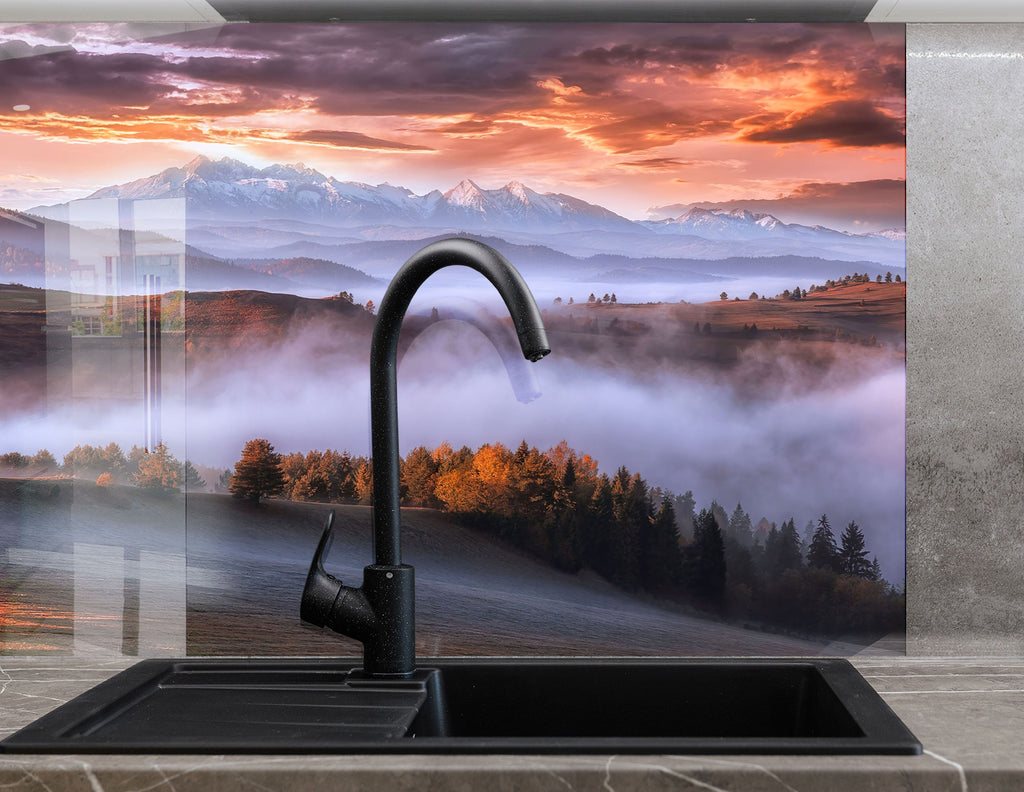 Mountain Mist Sunrise Wall Art - Tempered Glass Kitchen Backsplash-BacksplashArtworks