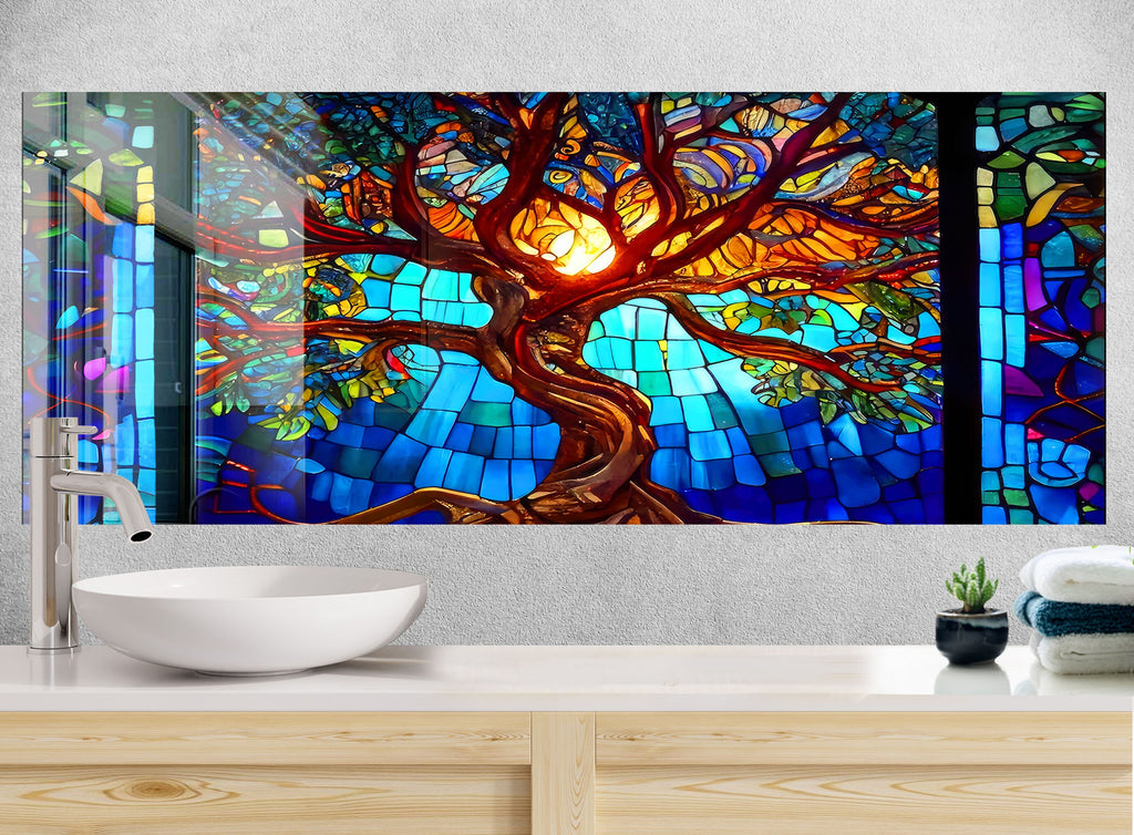 Blue Tree of Life Stained - Glass Kitchen Backsplash-BacksplashArtworks