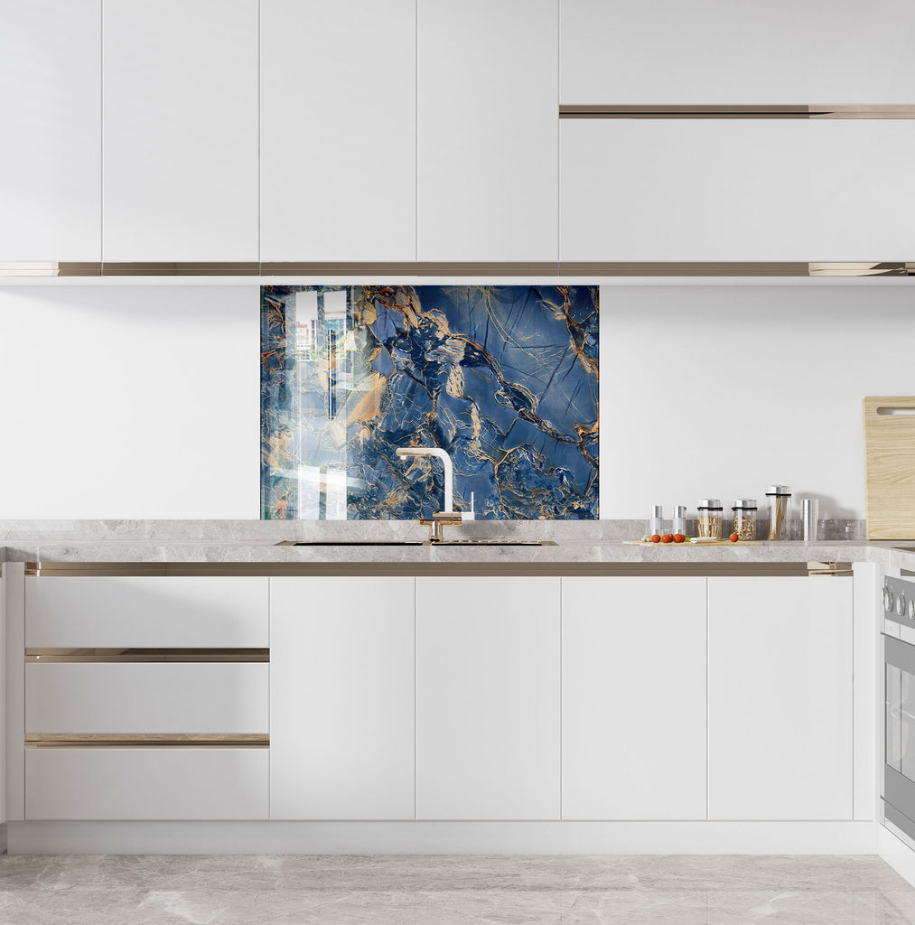 Blue Sapphire Elegance - Glass Kitchen Backsplash-BacksplashArtworks