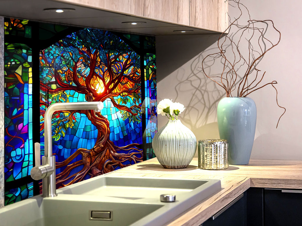 Blue Tree of Life Stained - Glass Kitchen Backsplash-BacksplashArtworks