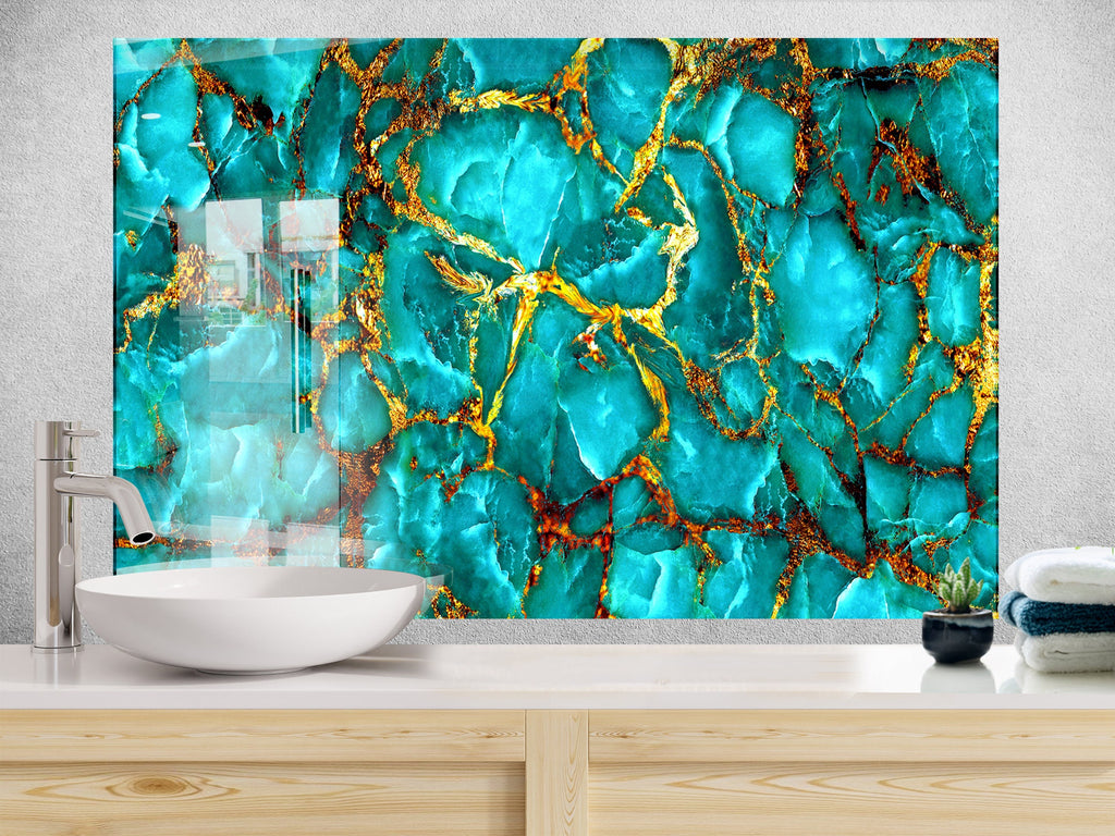 Teal & Gold Marble Elegance - Glass Kitchen Backsplash-BacksplashArtworks