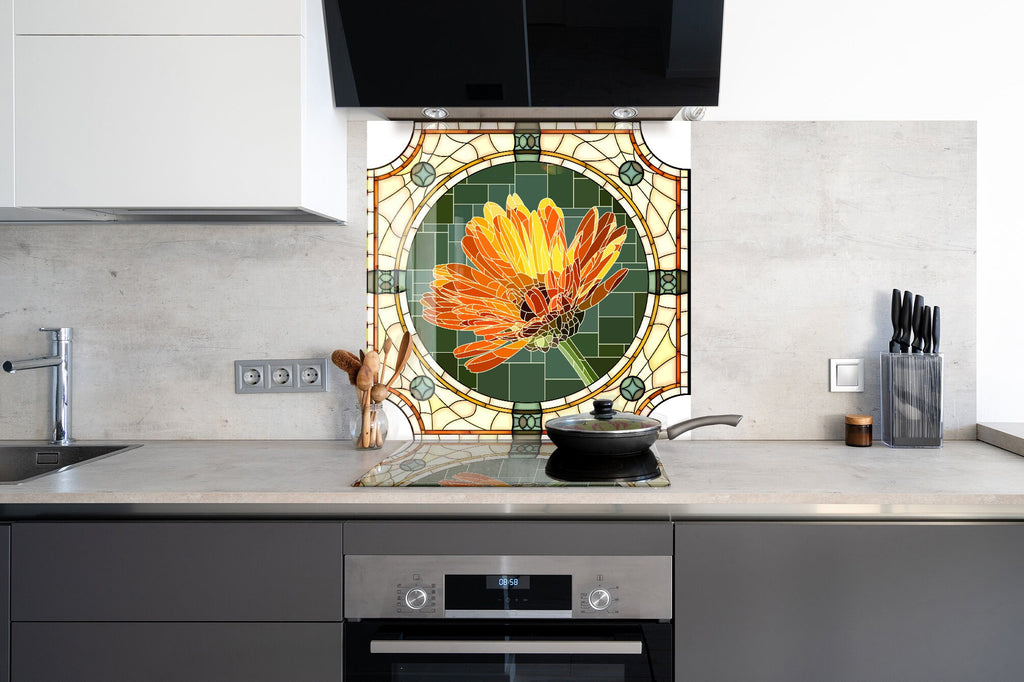 Orange Floral Stained - Glass Kitchen Backsplash-BacksplashArtworks