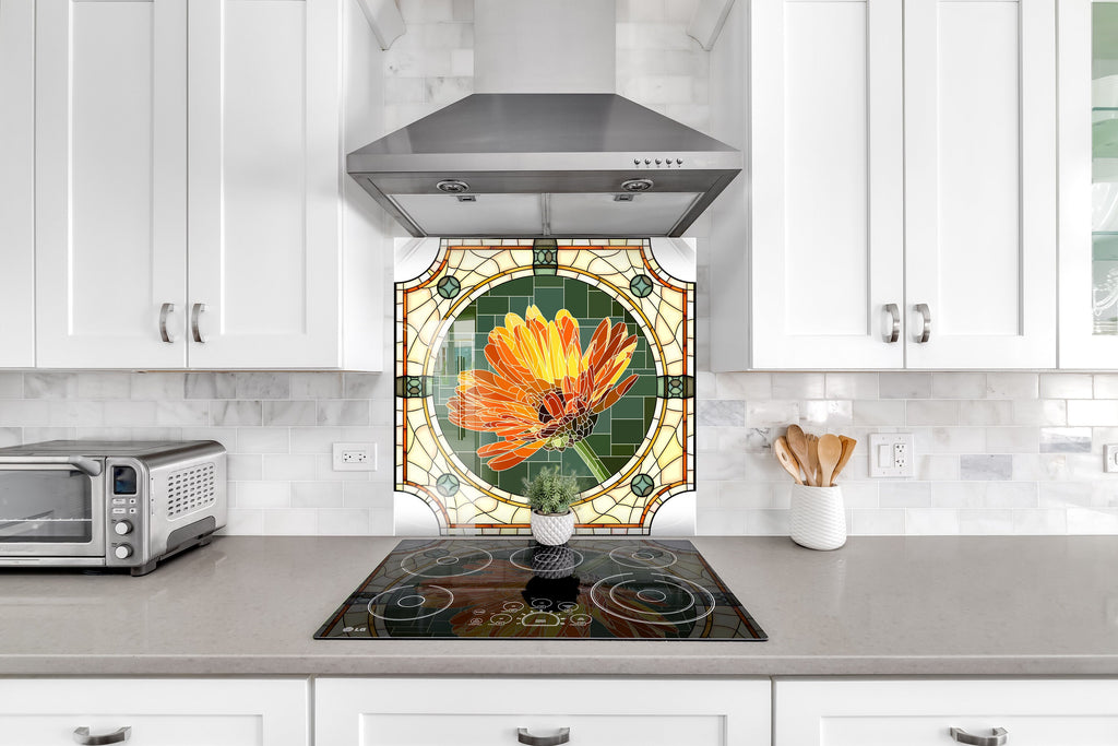 Orange Floral Stained - Glass Kitchen Backsplash-BacksplashArtworks