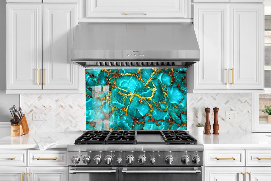 Teal & Gold Marble Elegance - Glass Kitchen Backsplash-BacksplashArtworks