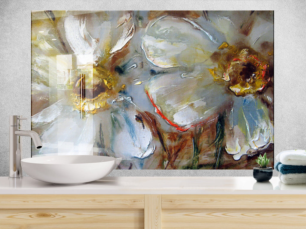 White Flowers Tempered Glass Backsplash-BacksplashArtworks