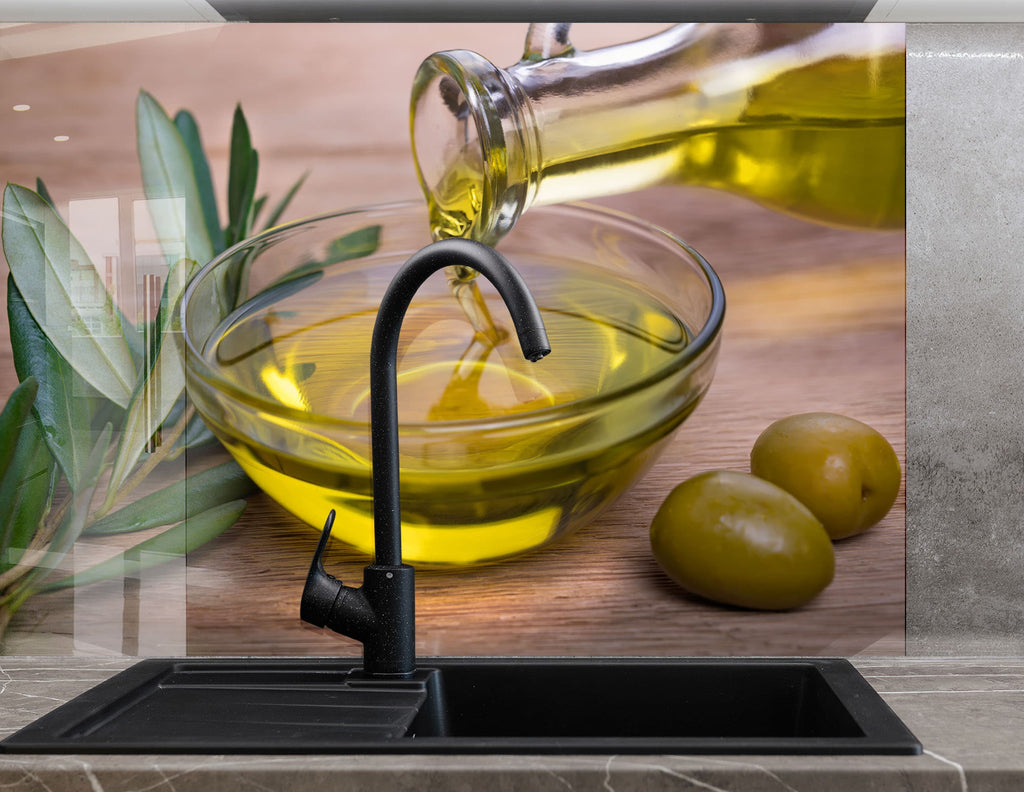 Olive Oil Glass Kitchen Backsplash – Fresh Olive & Oil Pouring Design-BacksplashArtworks