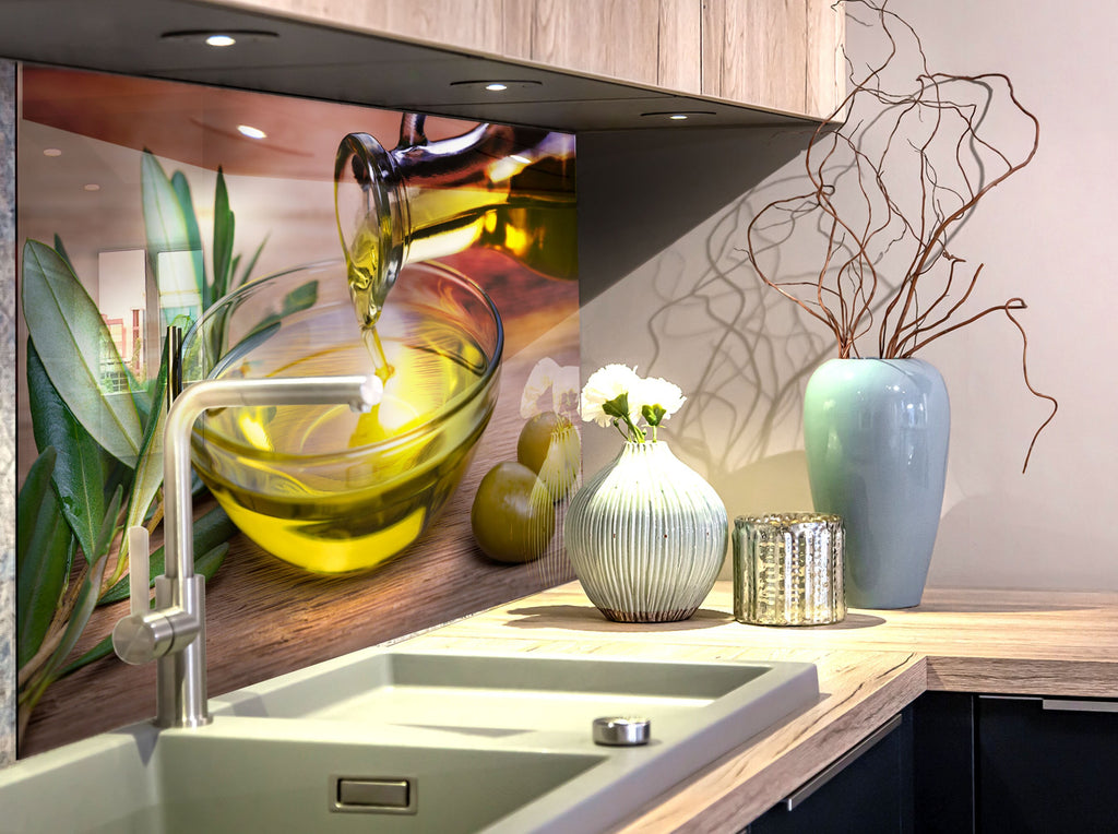 Olive Oil Glass Kitchen Backsplash – Fresh Olive & Oil Pouring Design-BacksplashArtworks