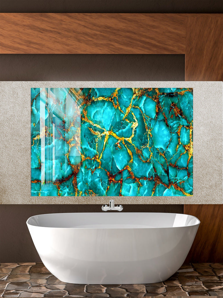 Teal & Gold Marble Elegance - Glass Kitchen Backsplash-BacksplashArtworks