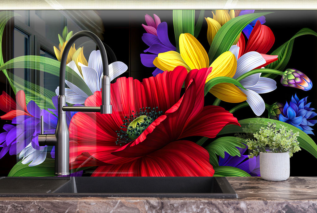 Botanical Floral Tempered Glass Backsplash-BacksplashArtworks