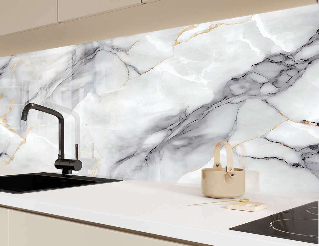 Luxury White Veined Stone - Glass Kitchen Backsplash-BacksplashArtworks