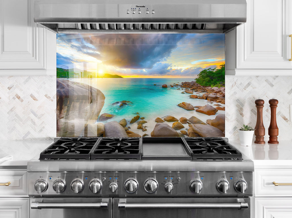 Rocky Tropical Sunset Wall Art – Glass Backsplash-BacksplashArtworks