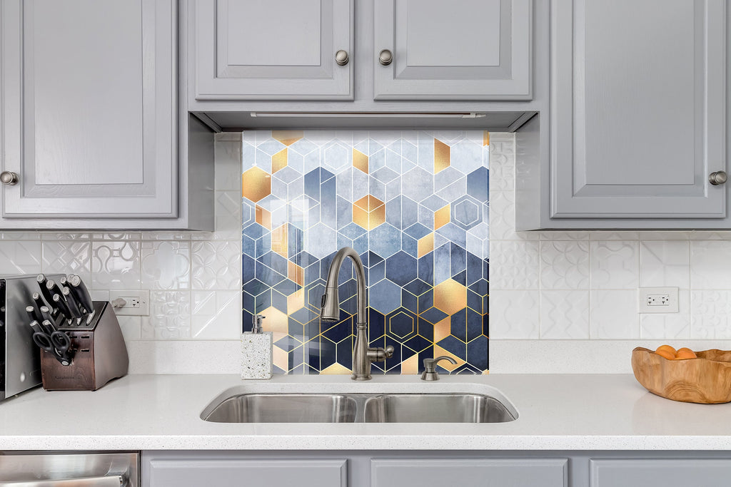 Blue Modern Geometric - Glass Kitchen Backsplash-BacksplashArtworks
