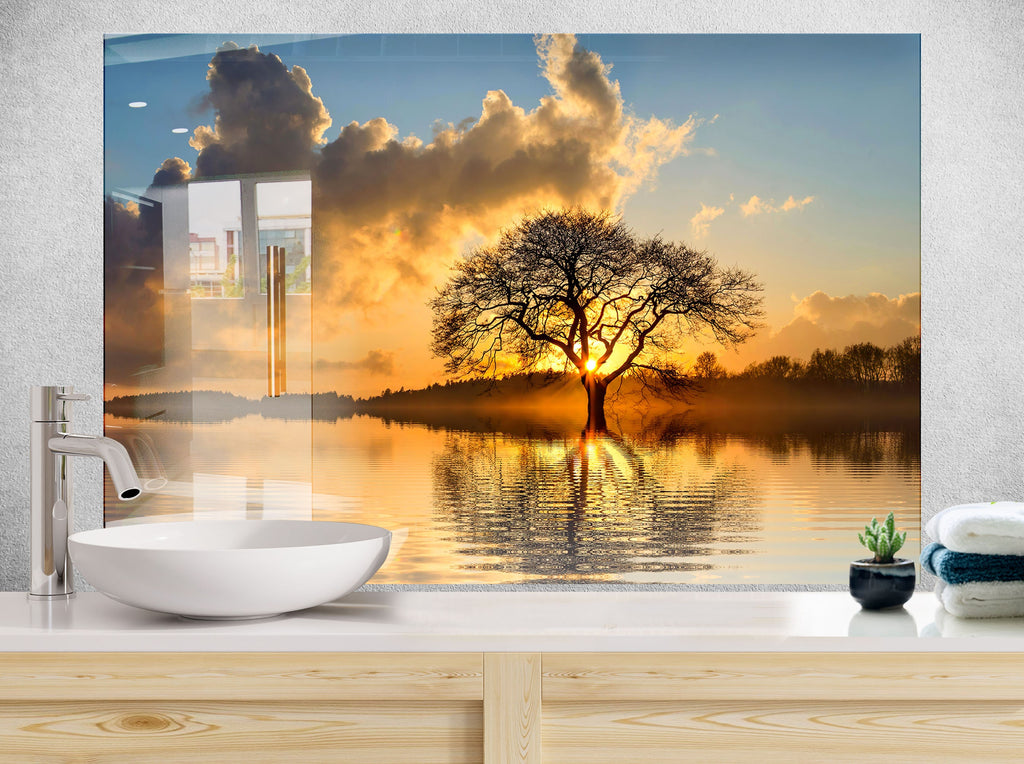 Golden Sunset Reflection – Glass Kitchen Backsplash-BacksplashArtworks