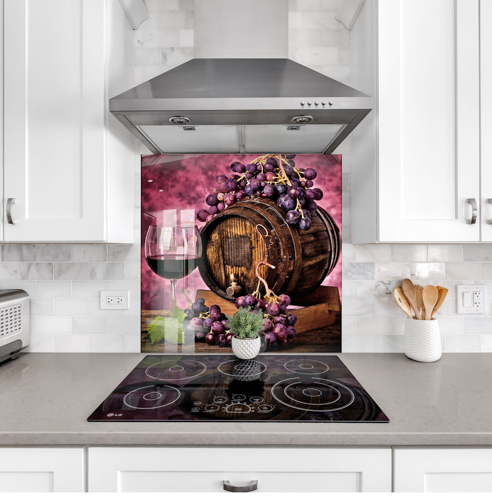 Rustic Wine Barrel Glass Backsplash – Purple Vineyard Grapes Decor-BacksplashArtworks