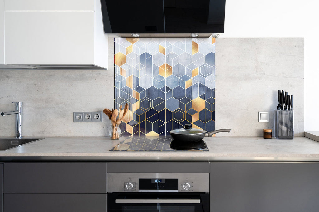 Blue Modern Geometric - Glass Kitchen Backsplash-BacksplashArtworks