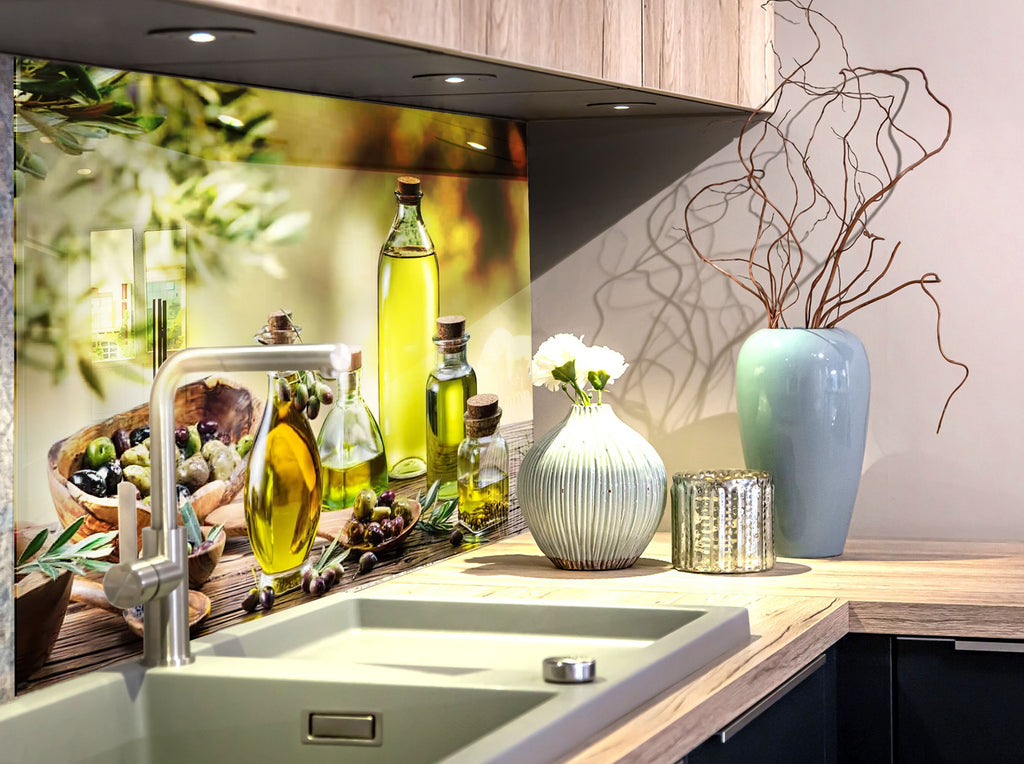 Olive Oil Glass Kitchen Backsplash – Rustic Olive Oil Bottles Design-BacksplashArtworks