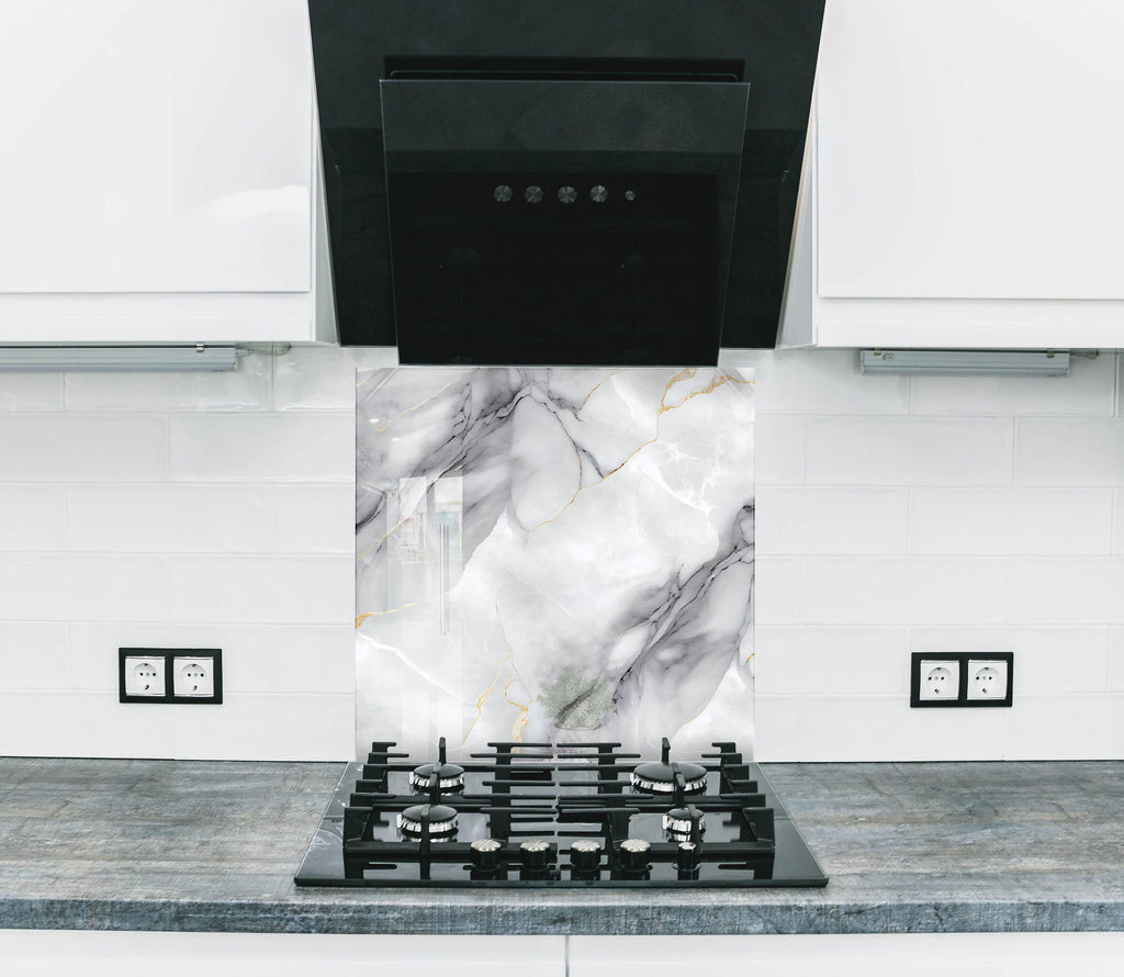 Luxury White Veined Stone - Glass Kitchen Backsplash-BacksplashArtworks