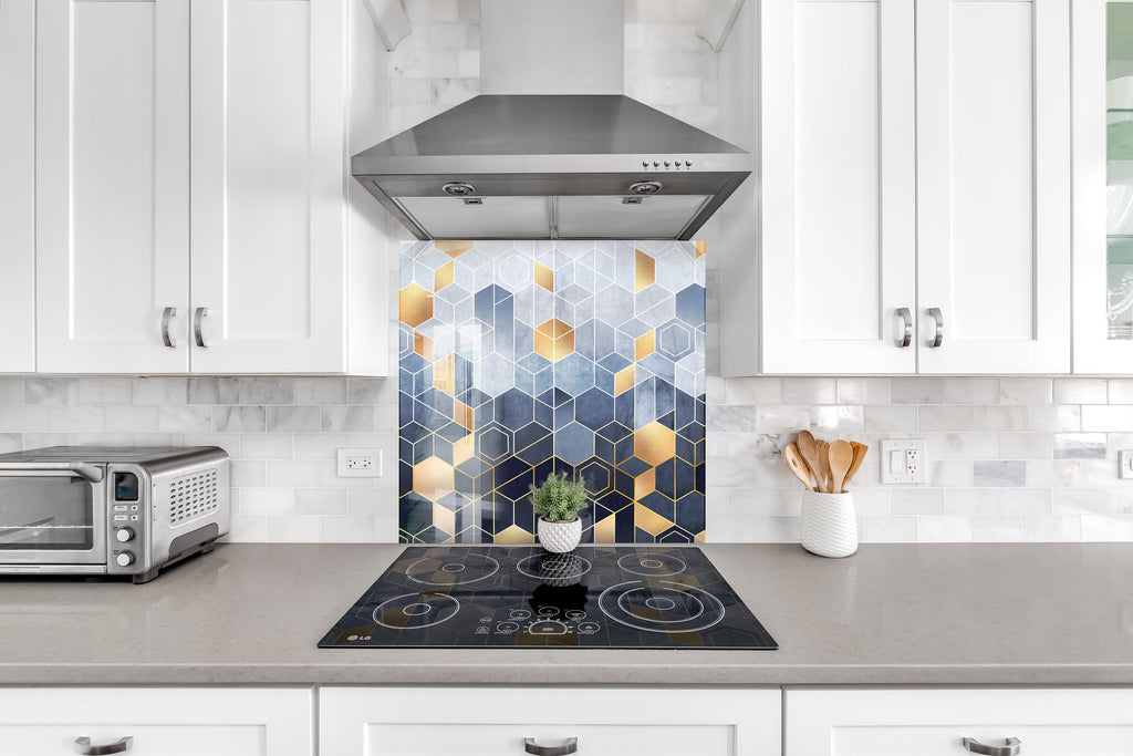 Blue Modern Geometric - Glass Kitchen Backsplash-BacksplashArtworks
