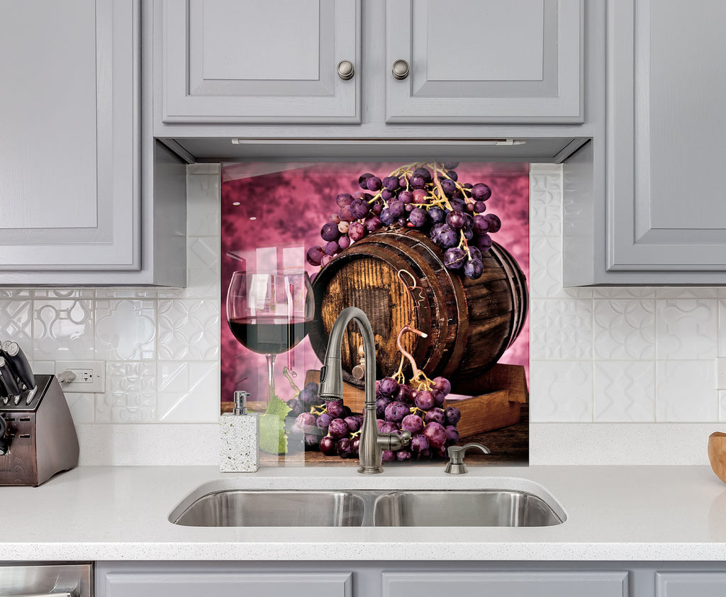 Rustic Wine Barrel Glass Backsplash – Purple Vineyard Grapes Decor-BacksplashArtworks