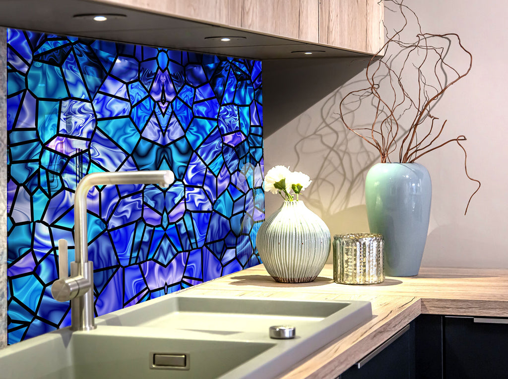 Ocean Blue Stained - Glass Kitchen Backsplash-BacksplashArtworks