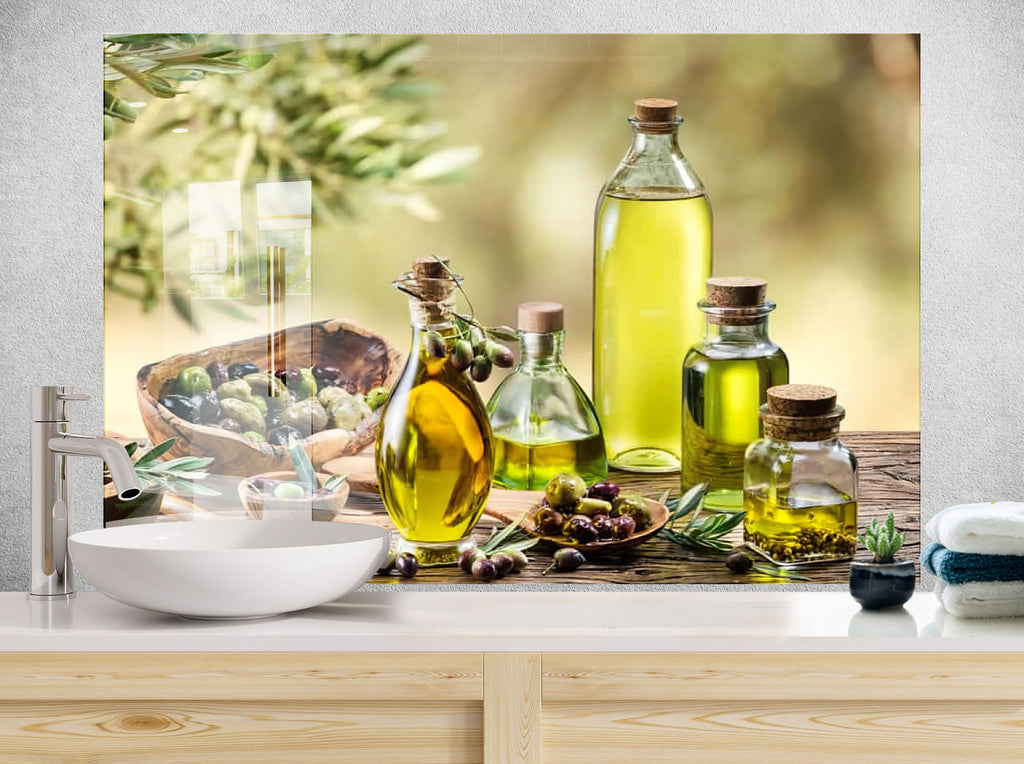 Olive Oil Glass Kitchen Backsplash – Rustic Olive Oil Bottles Design-BacksplashArtworks