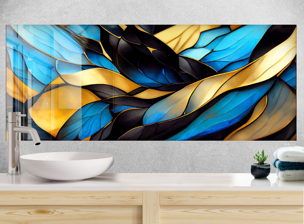Elegant Blue & Gold Stained - Glass Kitchen Backsplash-BacksplashArtworks