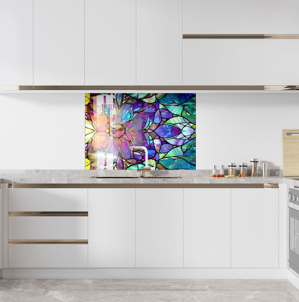 Multicolor Botanical Design - Glass Kitchen Backsplash-BacksplashArtworks