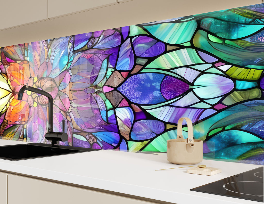 Multicolor Botanical Design - Glass Kitchen Backsplash-BacksplashArtworks