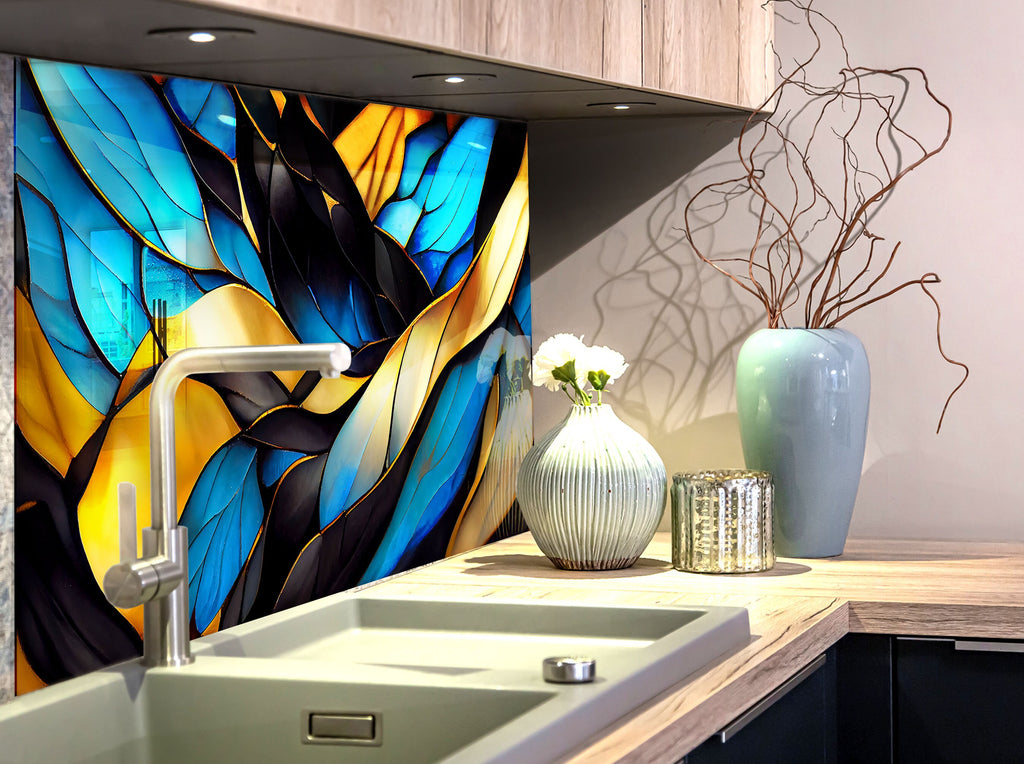 Elegant Blue & Gold Stained - Glass Kitchen Backsplash-BacksplashArtworks